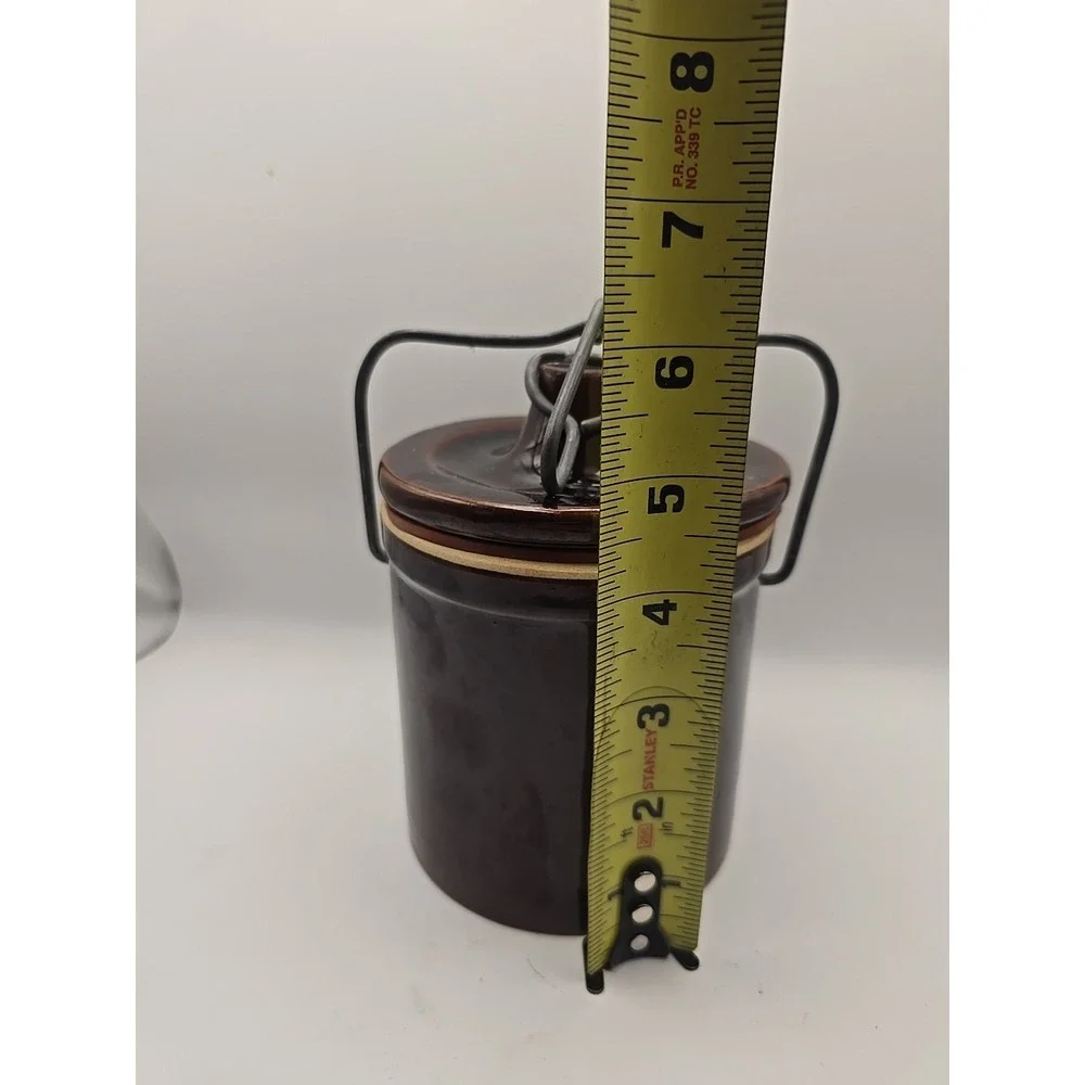 Vintage Small Glazed Butter Cheese Crock w/ Locking Bale Wire Lid Brown‎ Color